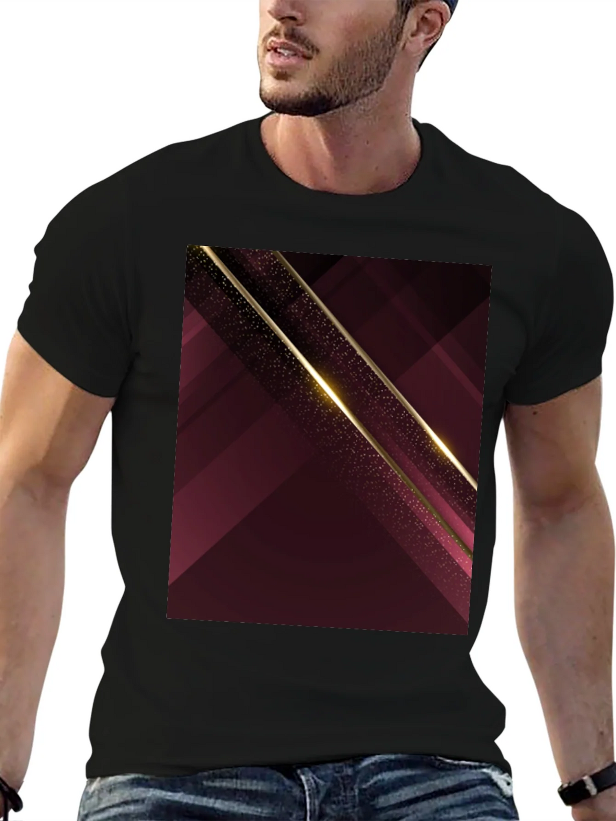 Abstract Geometric Maroon & Gold Mens T-Shirt product image 9