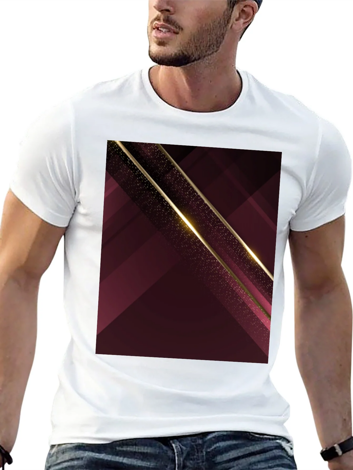 Abstract Geometric Maroon & Gold Mens T-Shirt product image 4