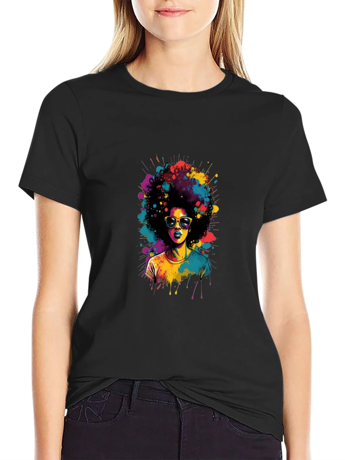Colorful Afro Woman Graphic Tee - Black T-Shirt product image 5
