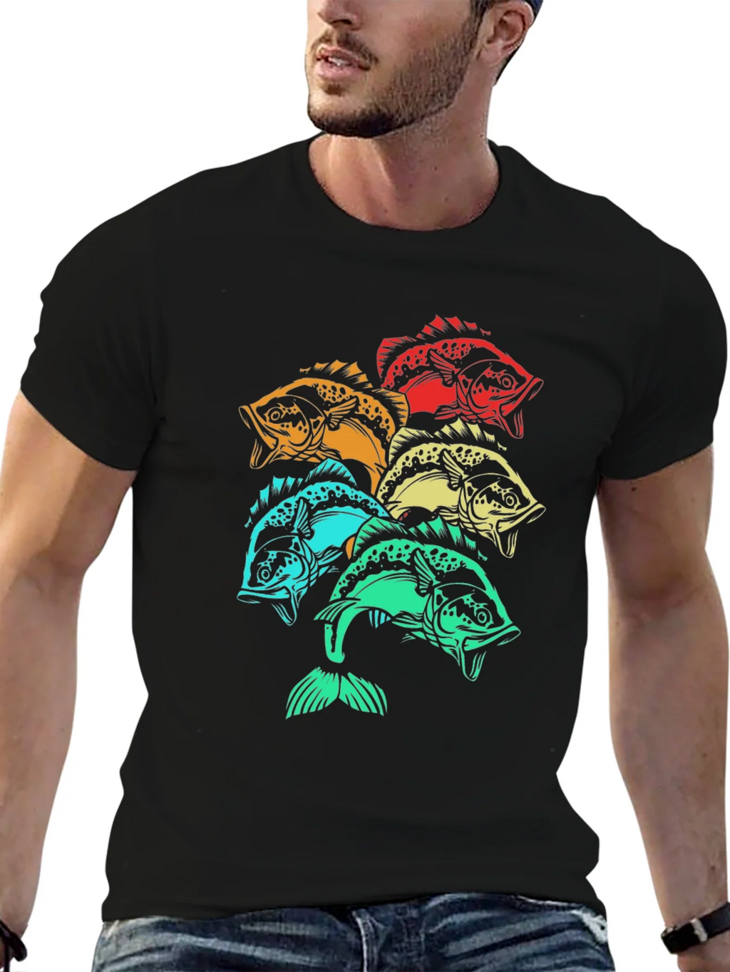 Colorful Fish Graphic Tee - Black Cotton T-Shirt product image 9