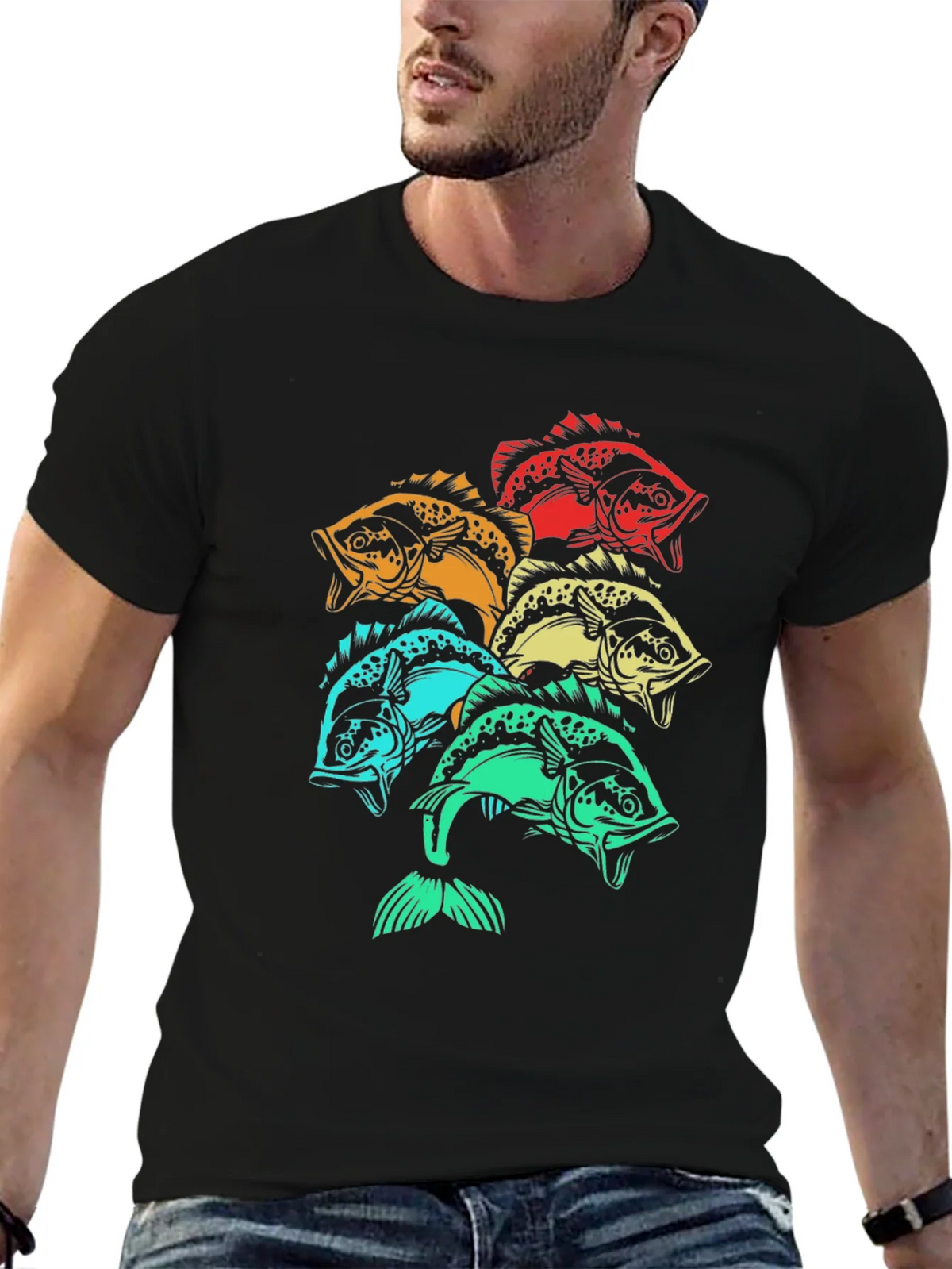 Colorful Fish Graphic Tee - Black Cotton T-Shirt product image 9