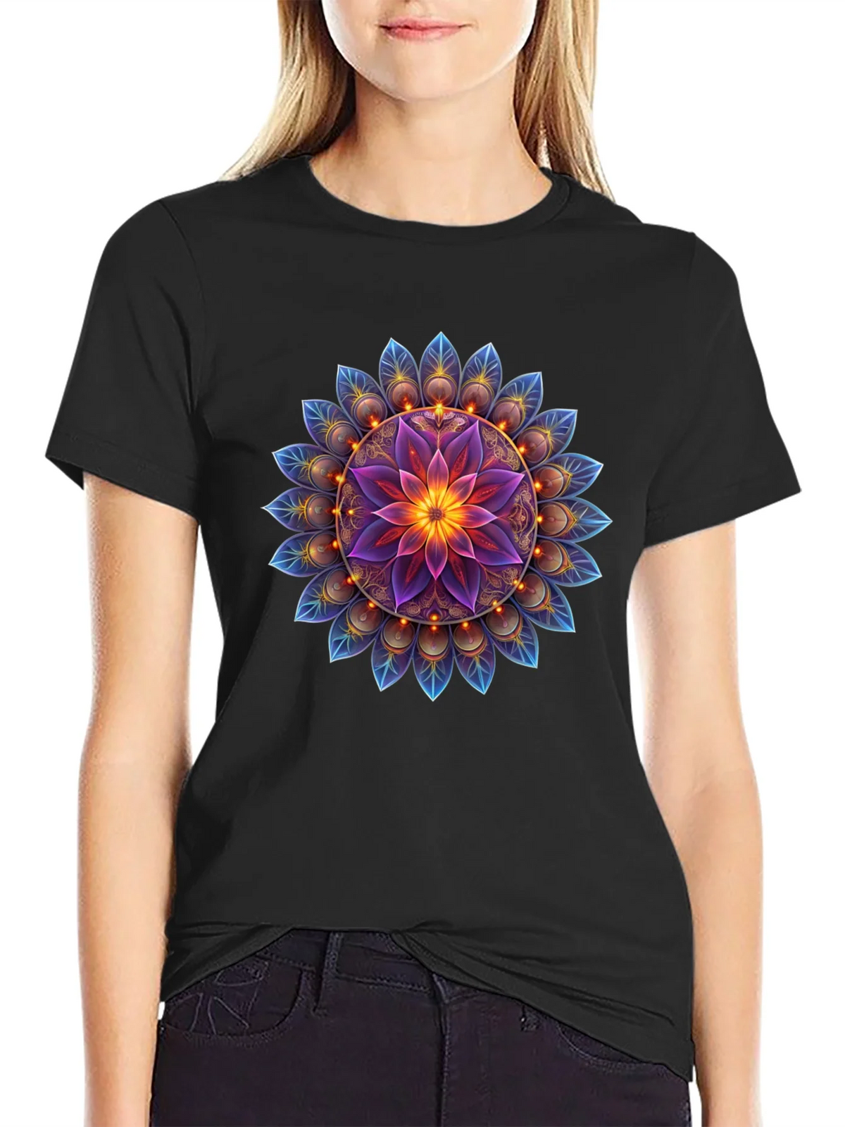 Floral Mandala Graphic Tee - Black Cotton Blend product image 5