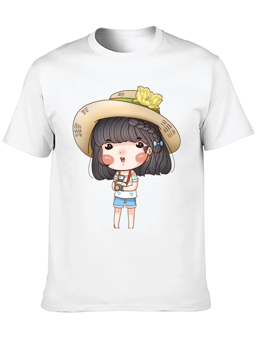 Cartoon Girl with Camera Graphic Tee - Black