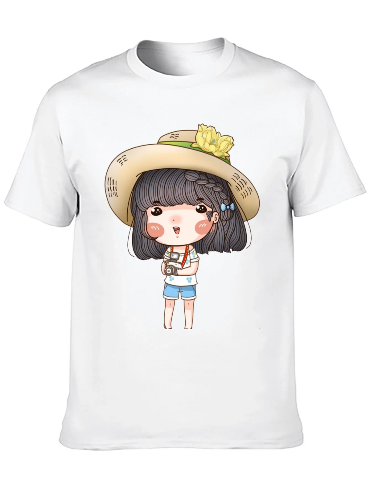Cartoon Girl with Camera Graphic Tee - Black