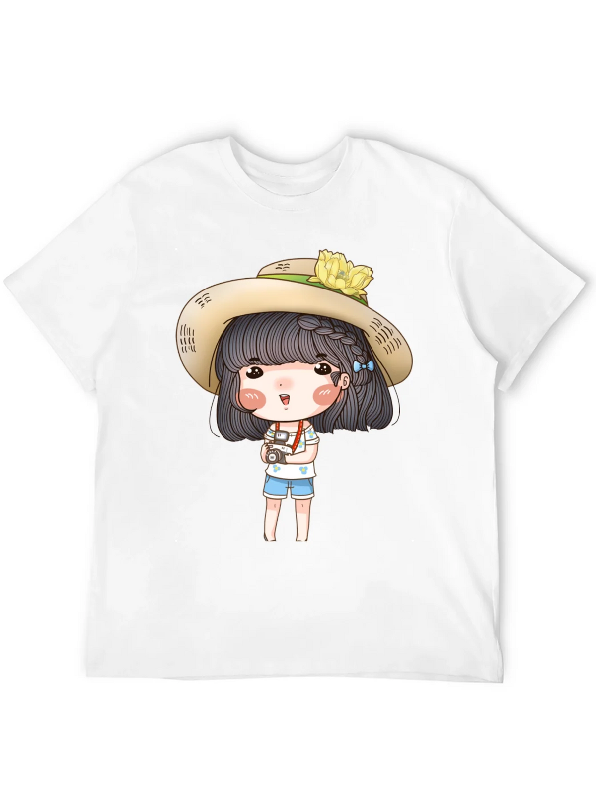 Cartoon Girl with Camera Graphic Tee - Black