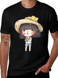 Cartoon Girl with Camera Graphic Tee - Black