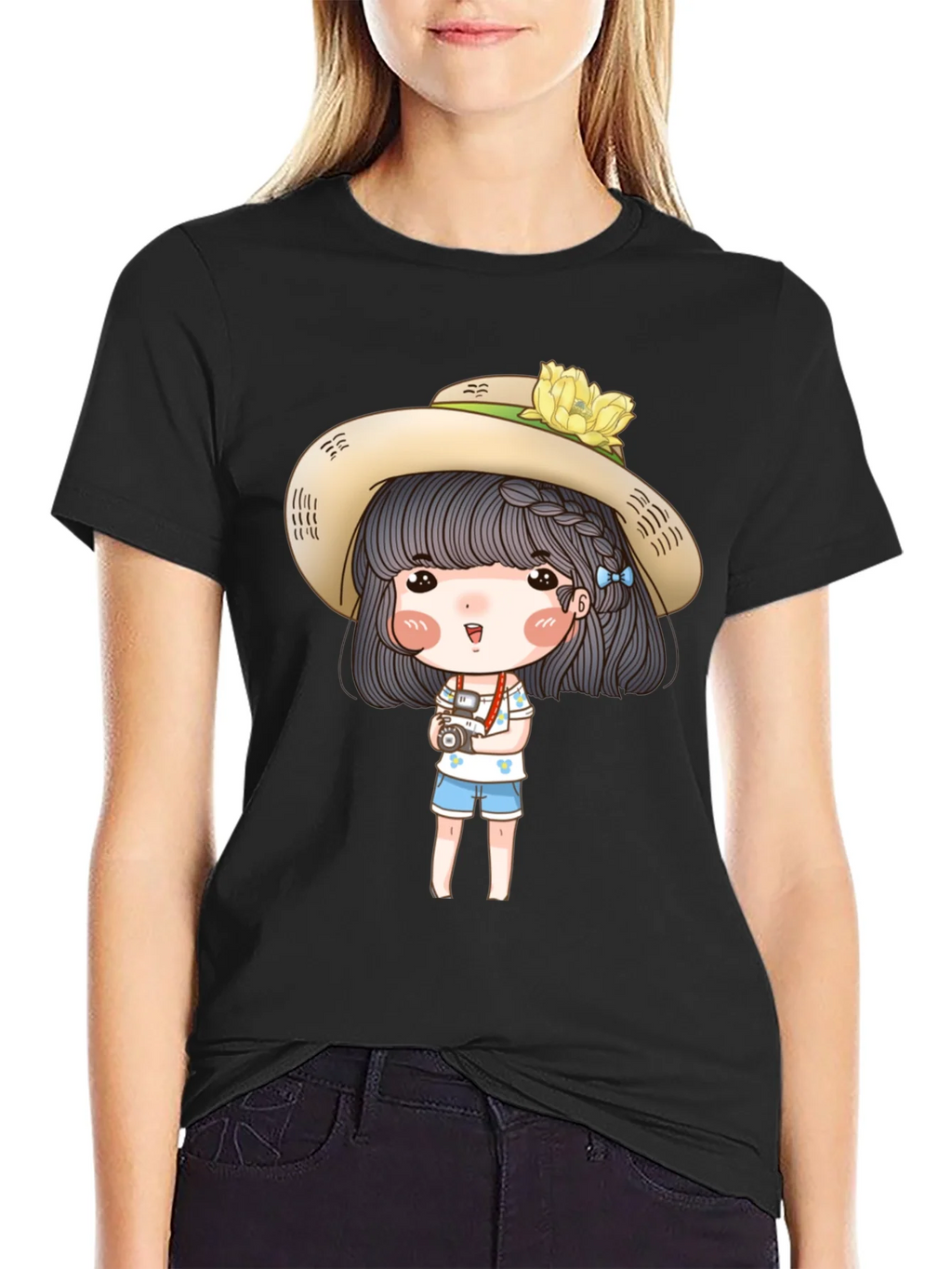 Cartoon Girl with Camera Graphic Tee - Black
