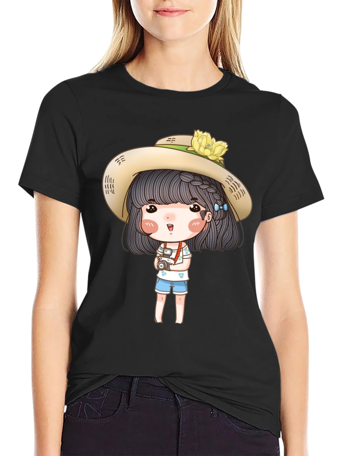 Cartoon Girl with Camera Graphic Tee - Black