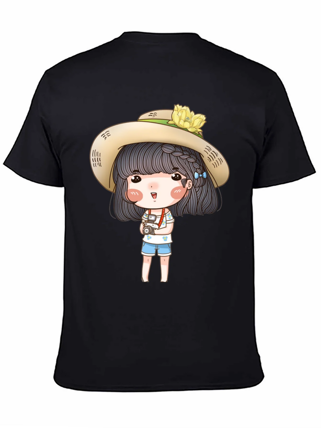 Cartoon Girl with Camera Graphic Tee - Black