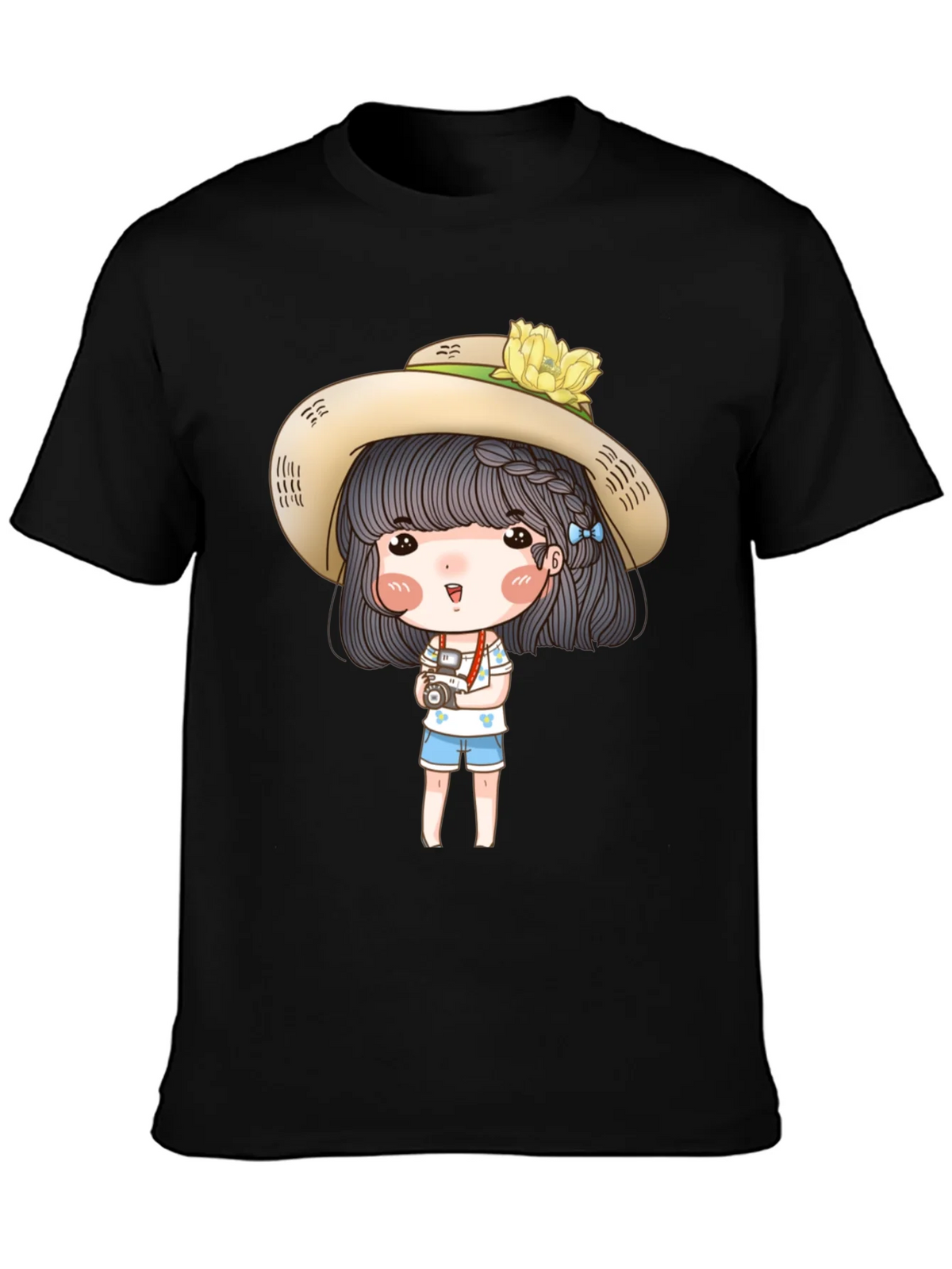 Cartoon Girl with Camera Graphic Tee - Black