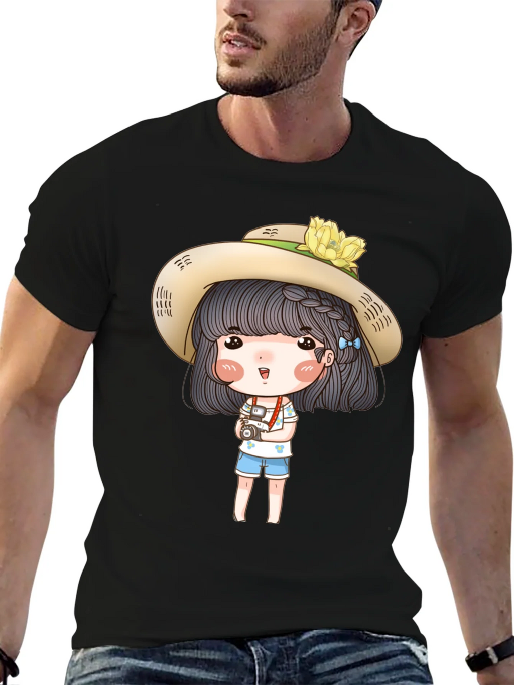 Cartoon Girl with Camera Graphic Tee - Black