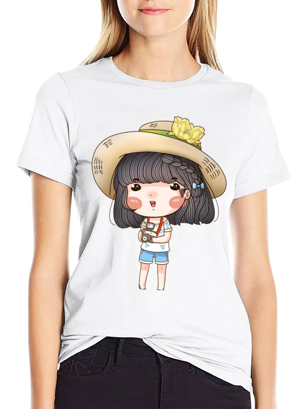 Cartoon Girl with Camera Graphic Tee - Black