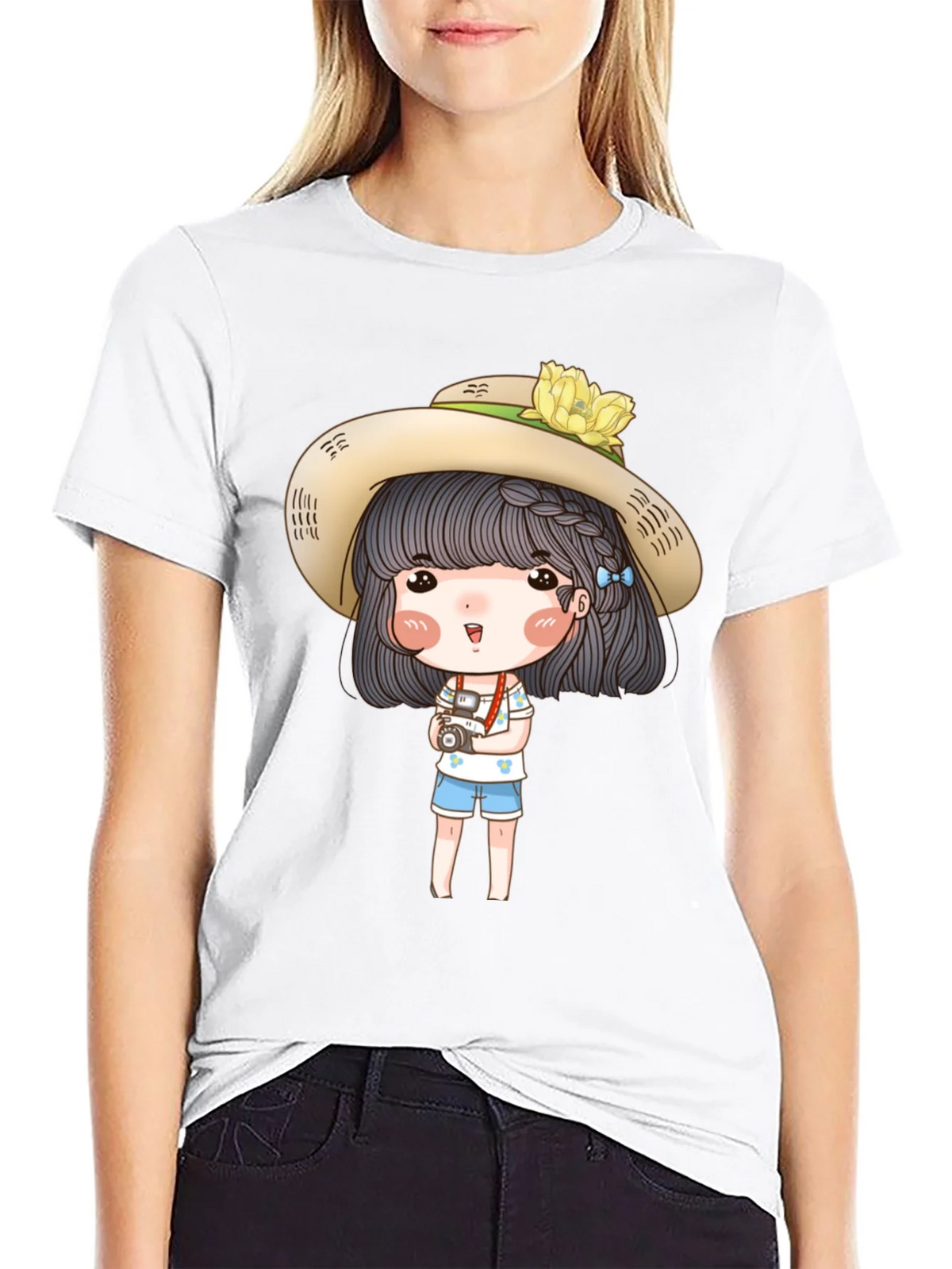 Cartoon Girl with Camera Graphic Tee - Black