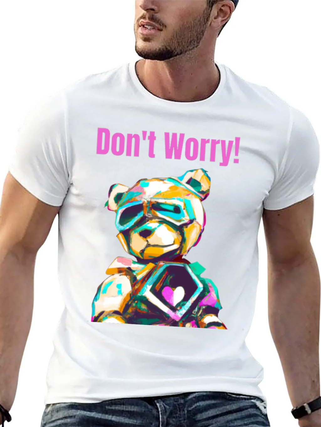 Dont Worry Graphic Tee with Geometric Teddy Bear Design product image 4