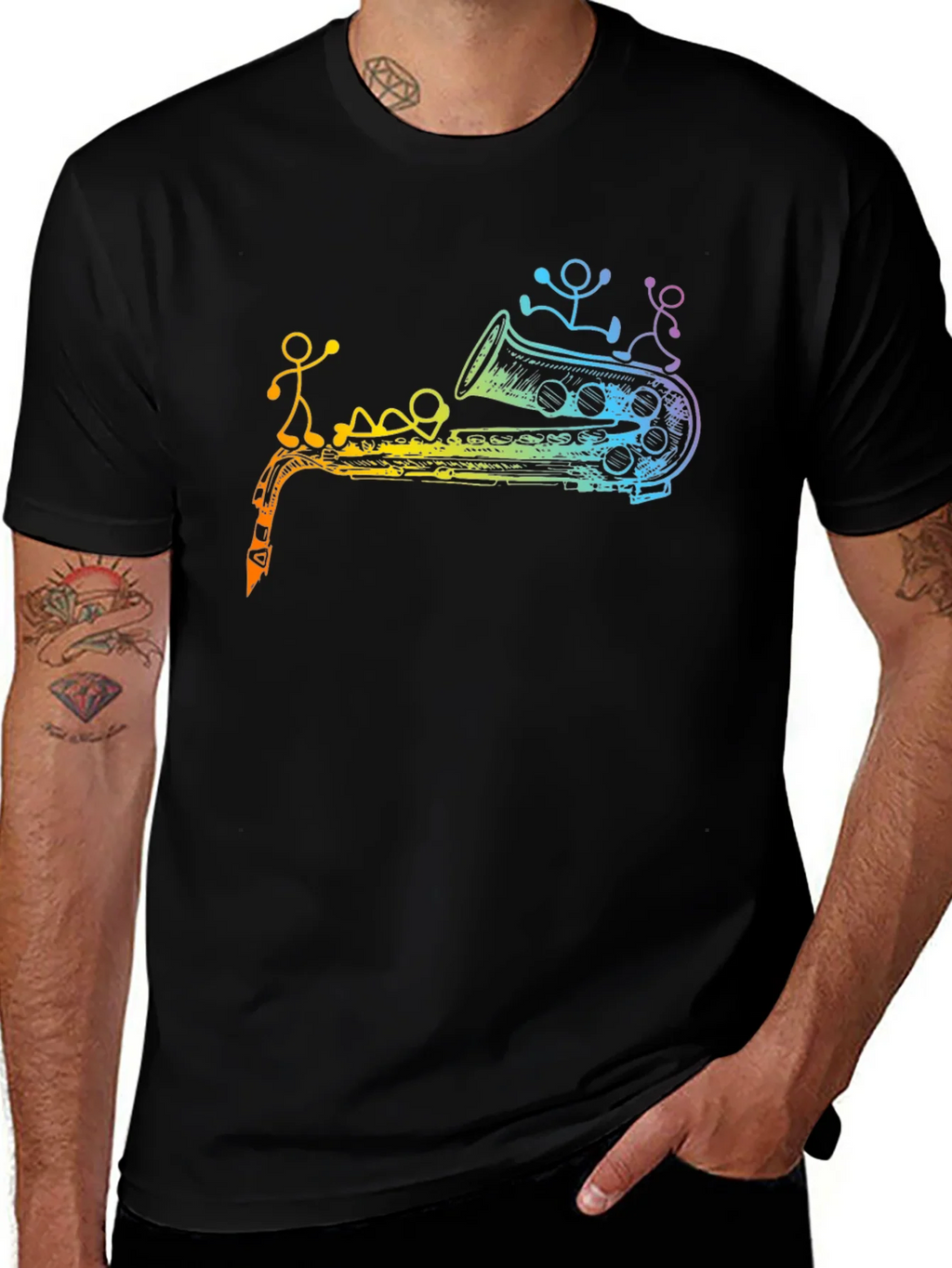 Rainbow Saxophone Stick Figures Graphic T-Shirt product image 1