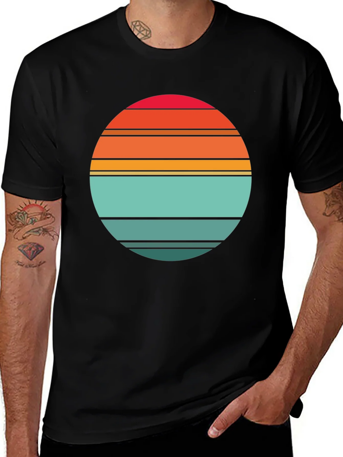 Retro Sunset Striped Graphic Tee - Black product image 1
