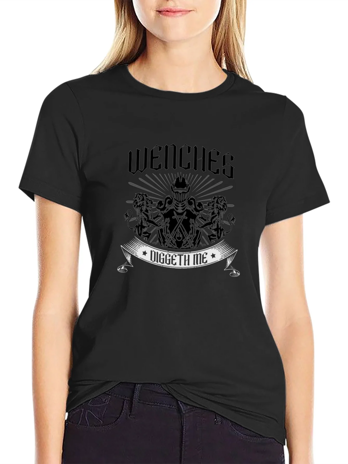 Wenches Diggeth Me Black T-Shirt - Medieval Knight Design product image 5