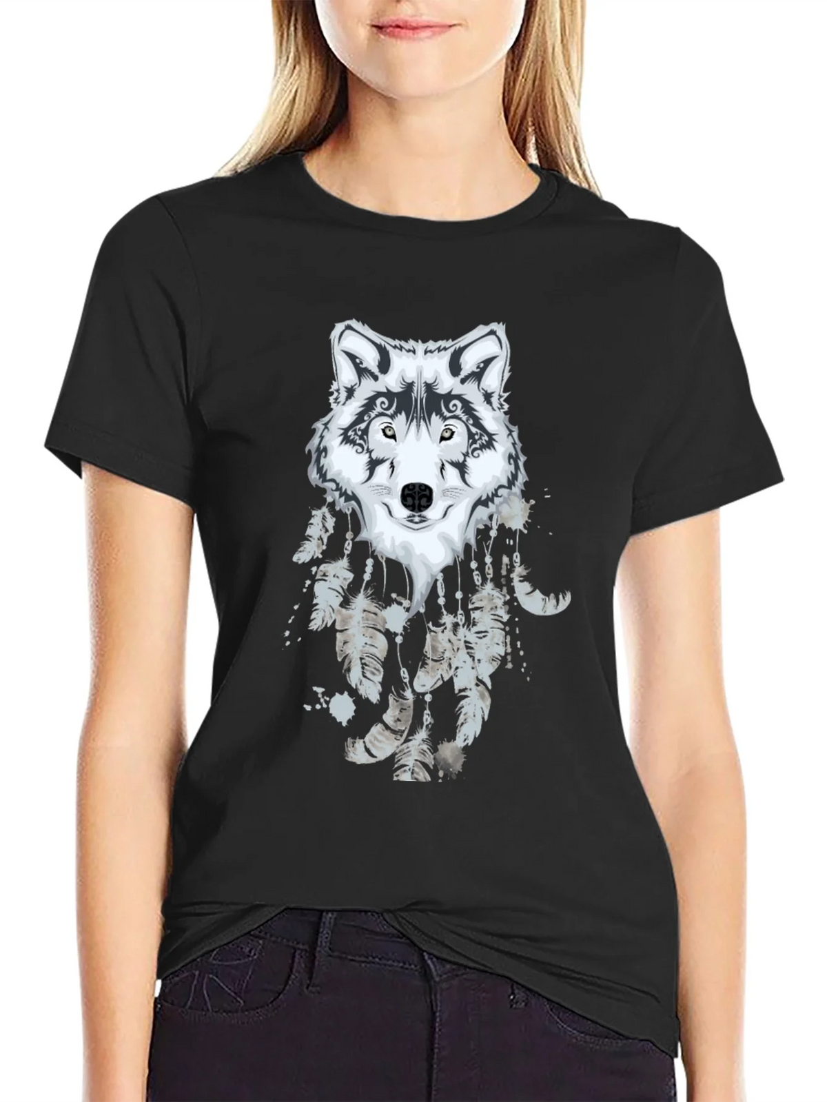 Wolf Dreamcatcher Graphic Black T-Shirt product image 5