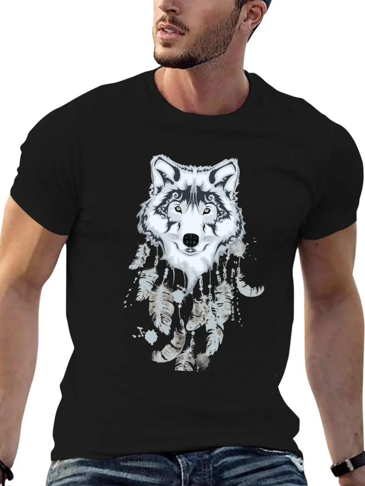 Wolf Dreamcatcher Graphic Black T-Shirt product image 9