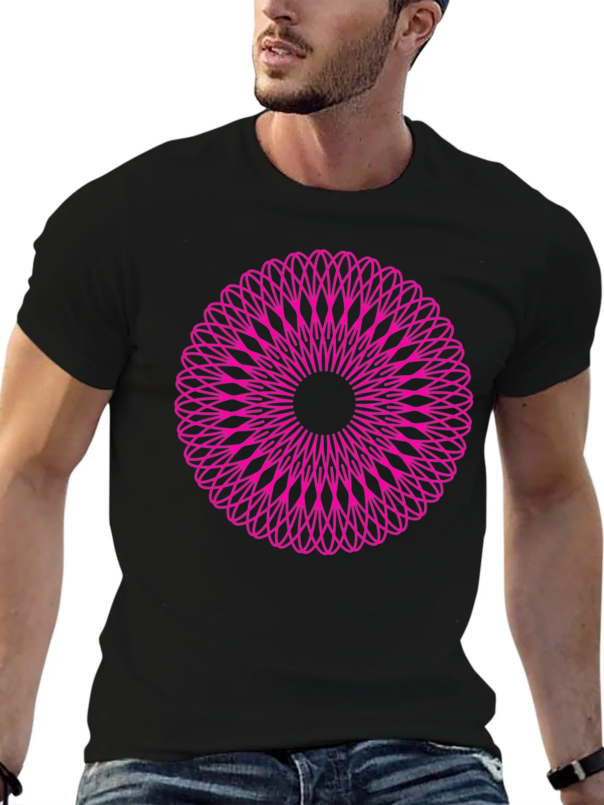 Abstract Pink Mandala Graphic Black T-Shirt product image 9