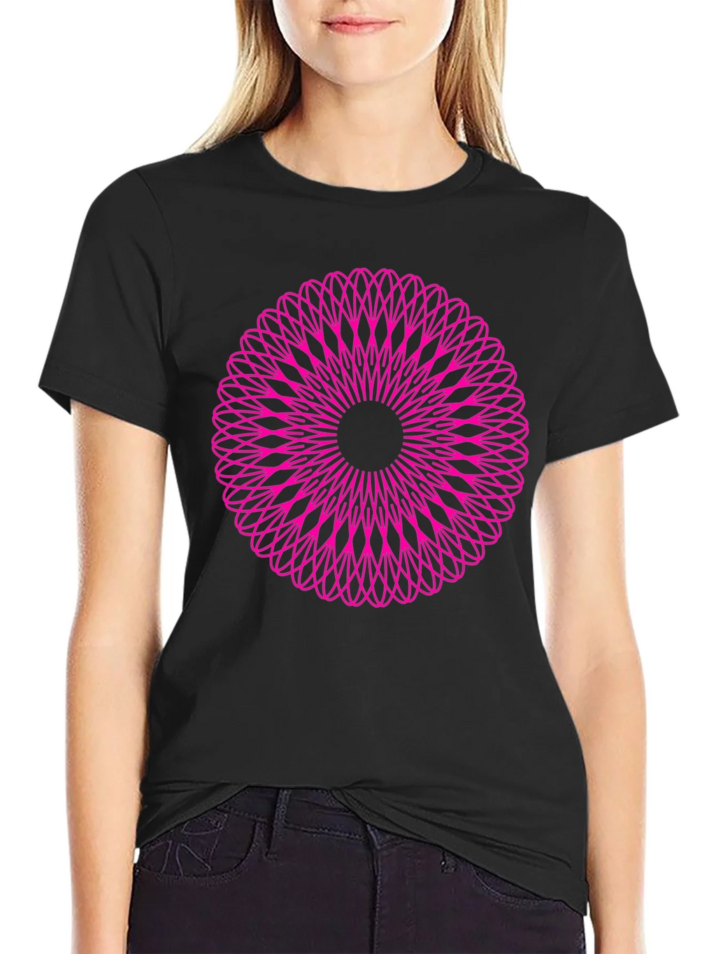 Abstract Pink Mandala Graphic Black T-Shirt product image 5