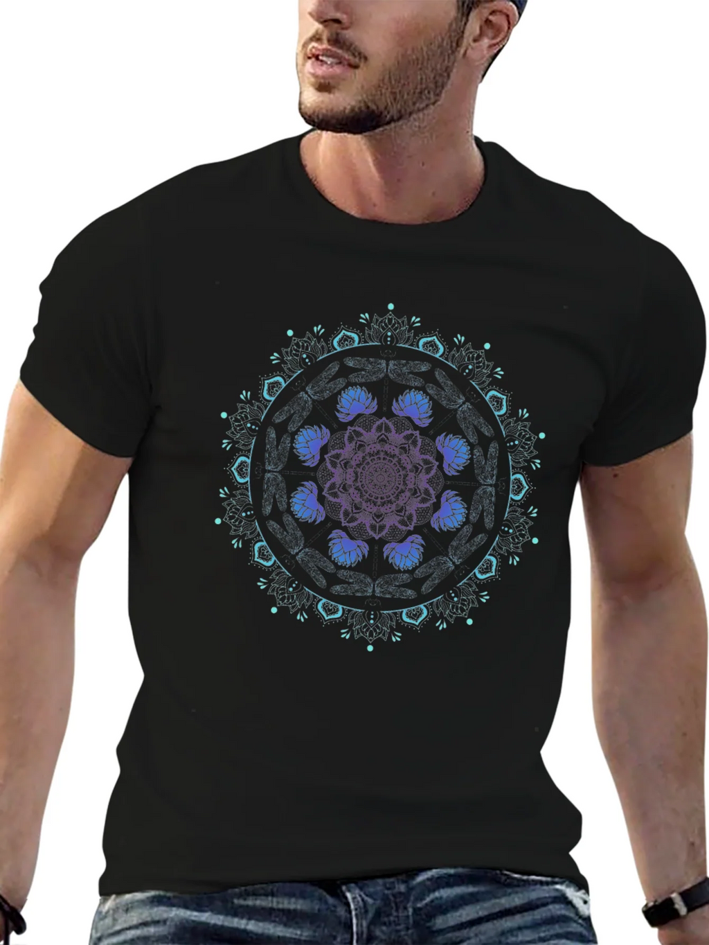 Mandala Lotus Graphic Tee - Black Cotton Blend product image 9