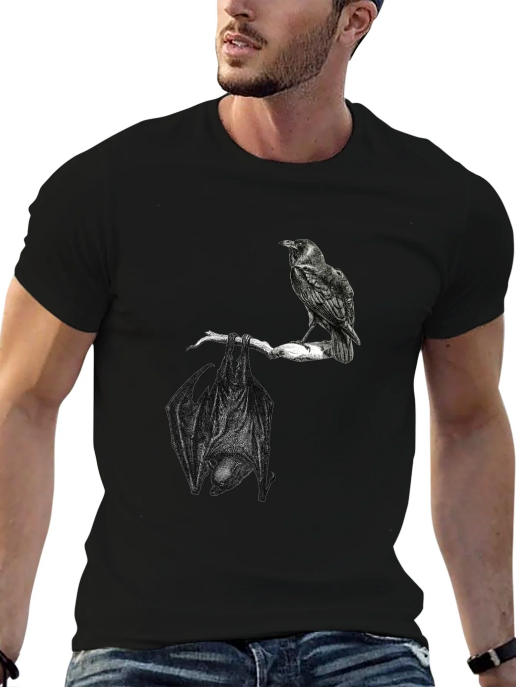 Raven and Bat Graphic Tee - Black Cotton T-Shirt product image 9