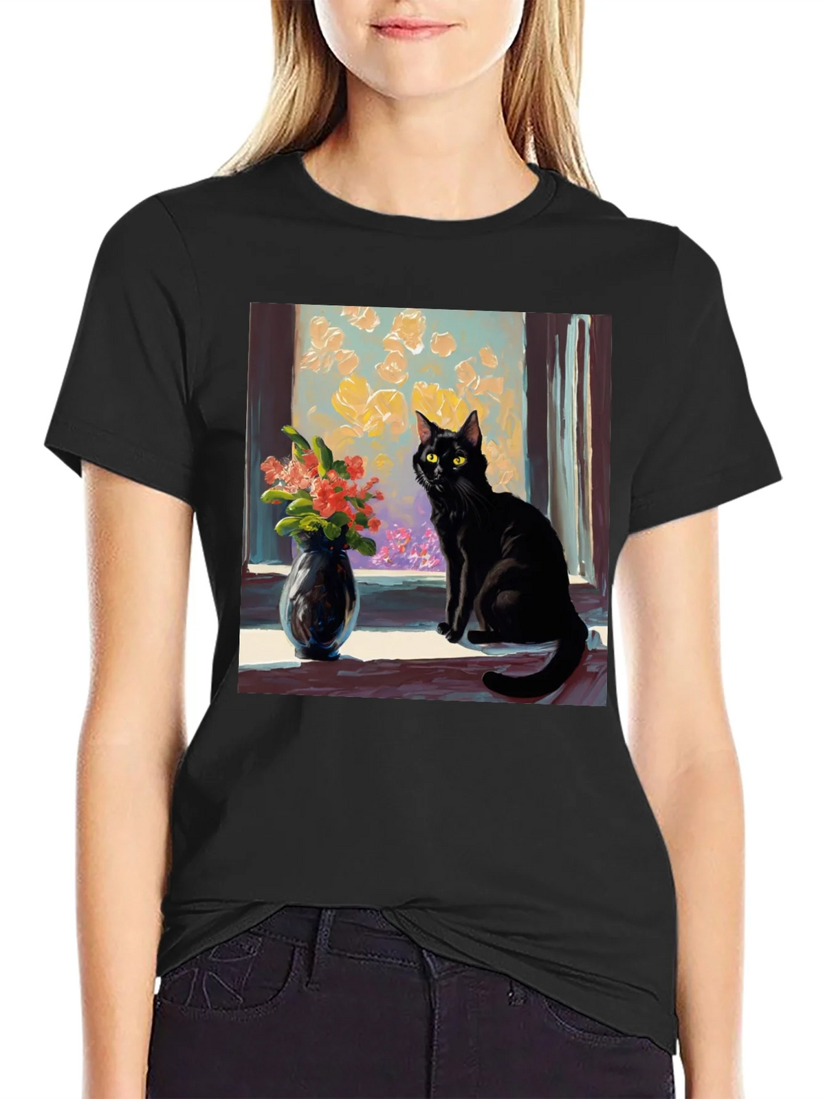Black Cat Window Flowers T-Shirt product image 5
