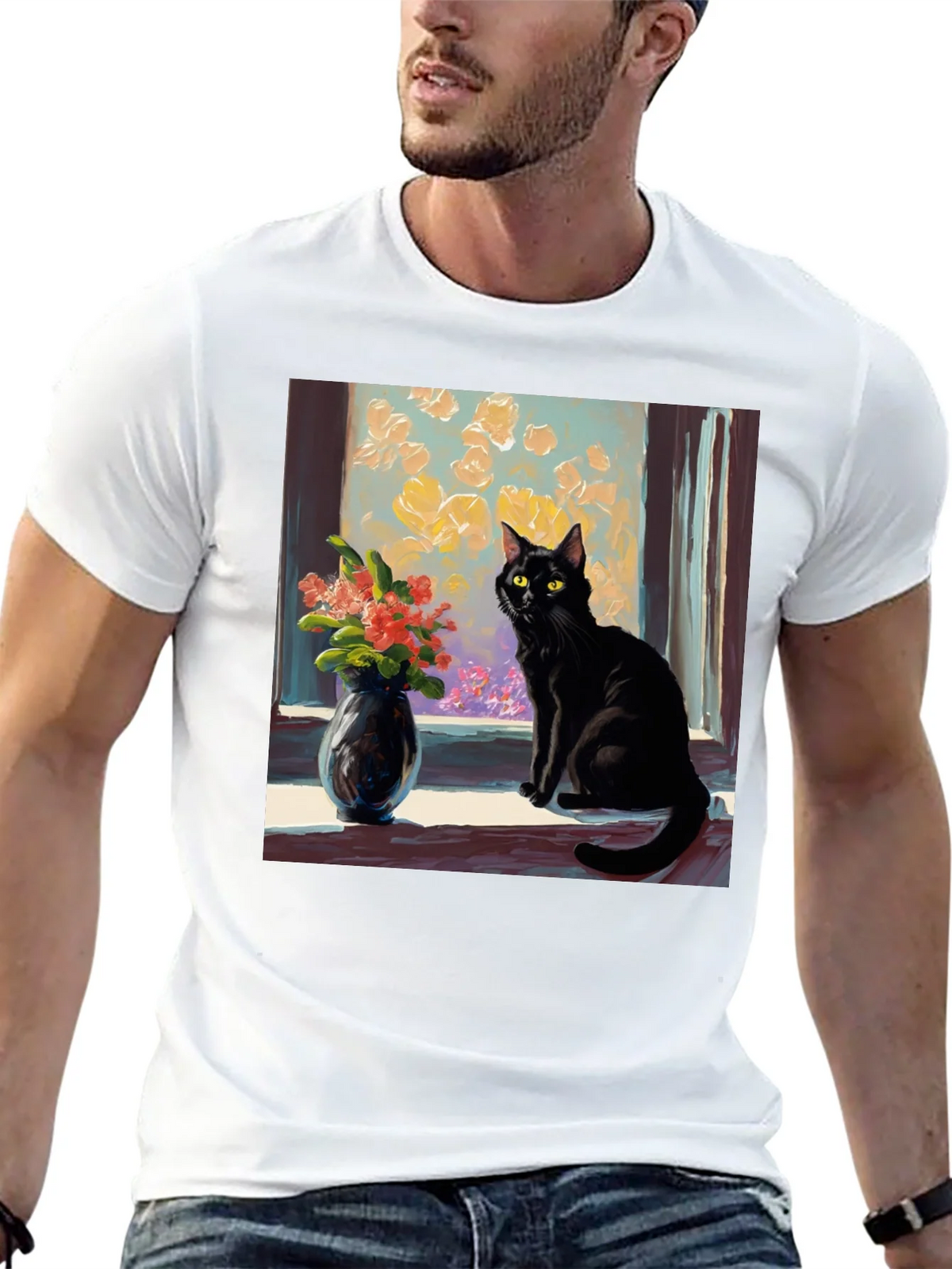 Black Cat Window Flowers T-Shirt product image 4