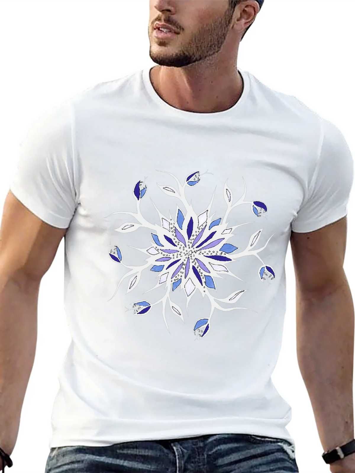 Blue Floral Mandala Black T-Shirt product image 4