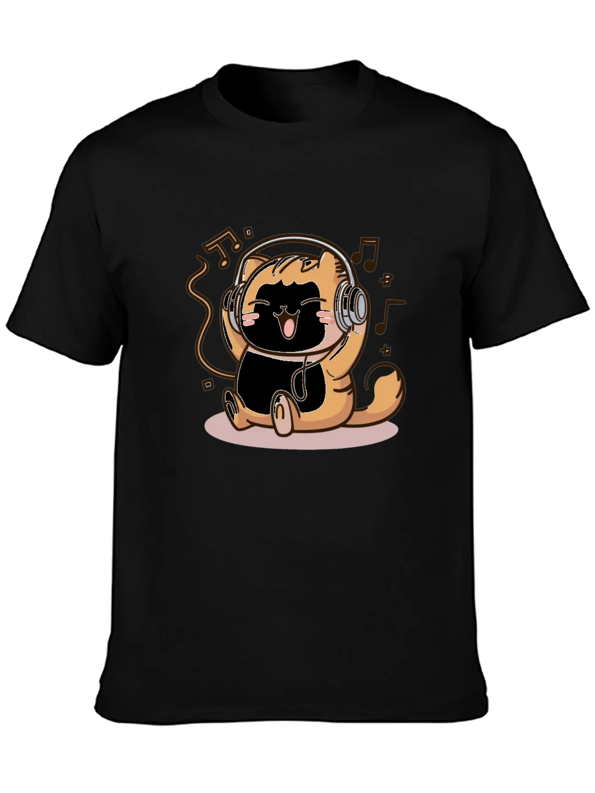 Cute Cartoon Cat Headphones Black T-Shirt product image 6