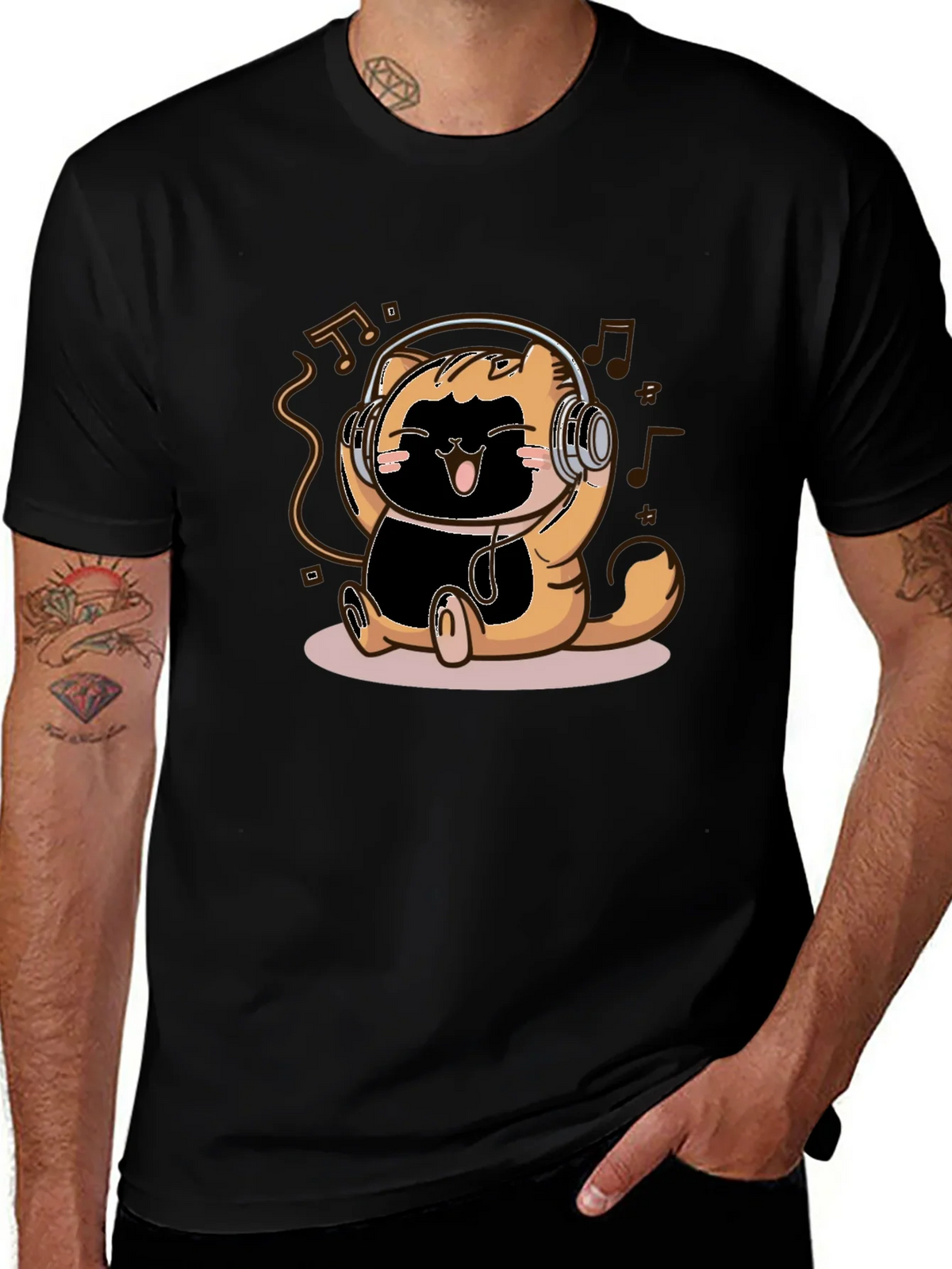 Cute Cartoon Cat Headphones Black T-Shirt product image 1