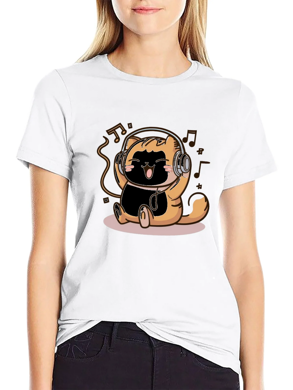 Cute Cartoon Cat Headphones Black T-Shirt product image 11