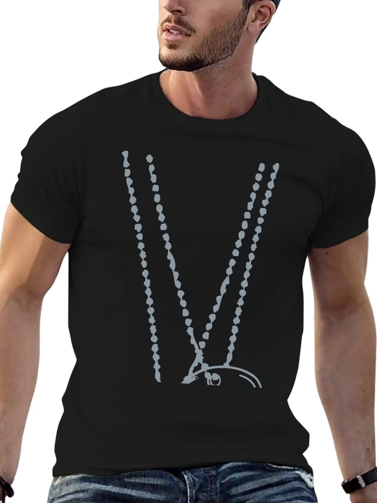 Abstract Beaded V-Neck Black T-Shirt