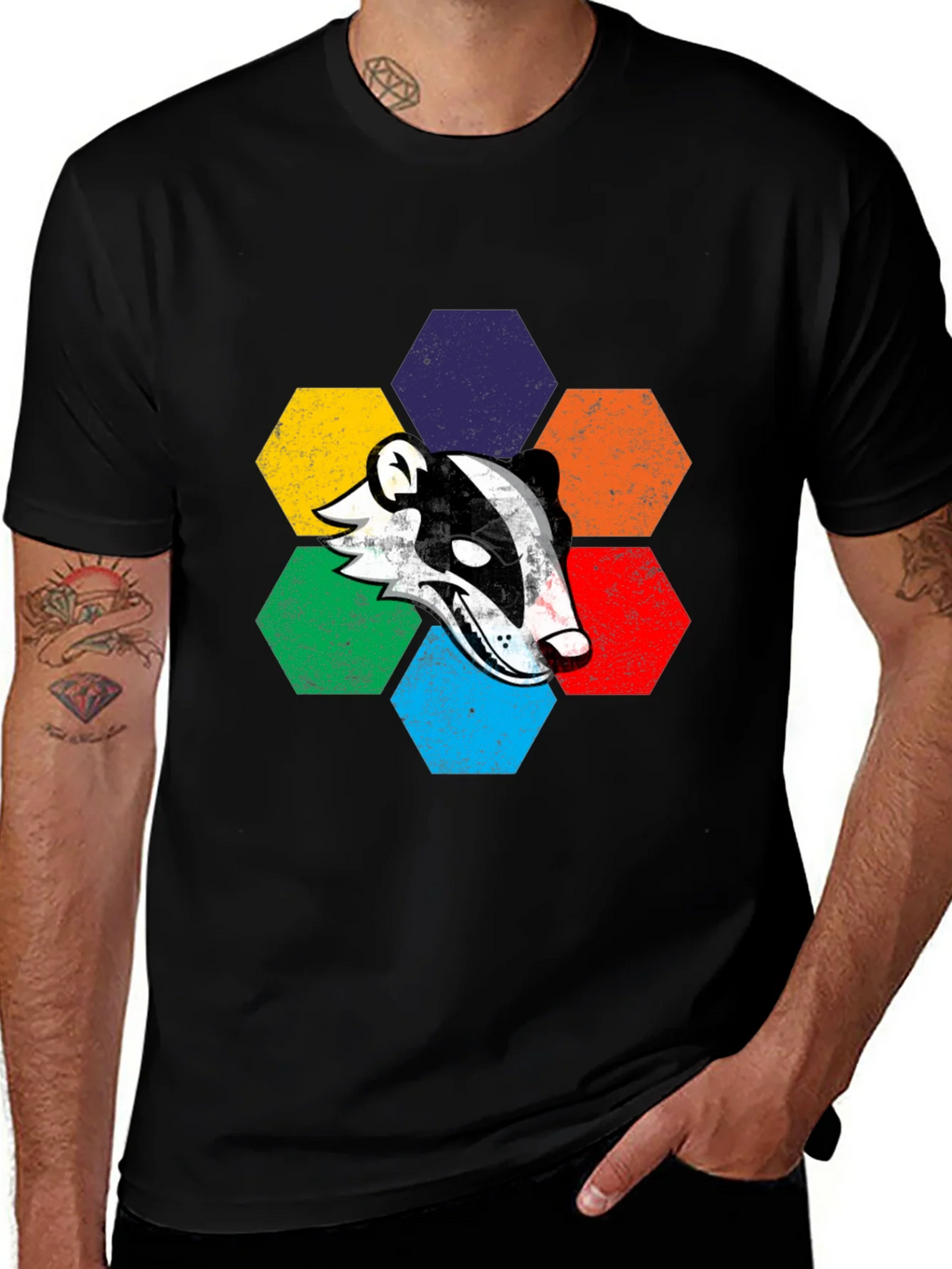 Retro Badger Hexagon Graphic T-Shirt product image 1